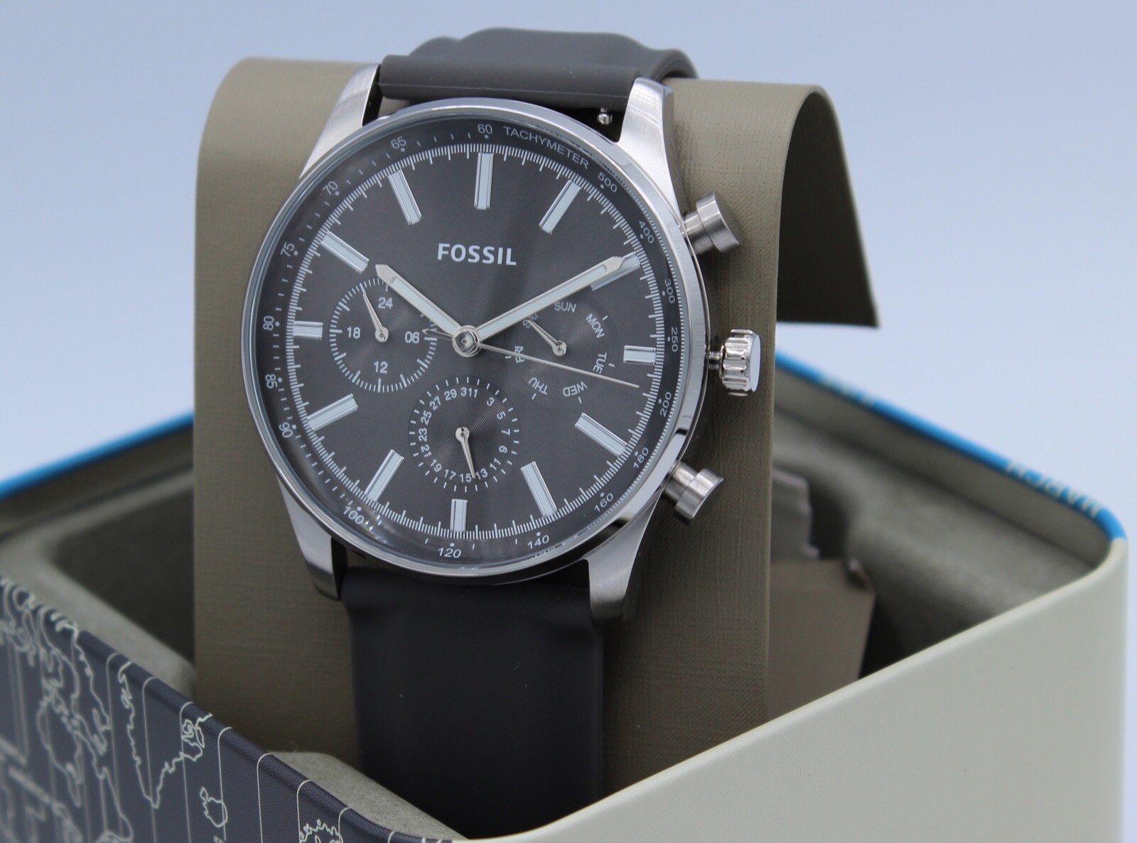 New Authentic Fossil Sullivan Chronograph Silver Gray Silicone BQ2747 Mens Watch