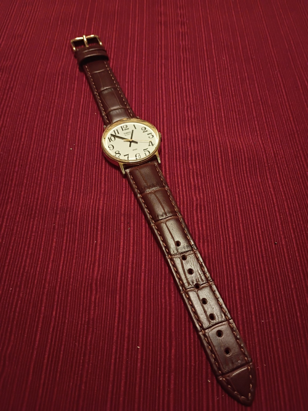 Vintage Timex Quartz Gold Base Metal Case White Dial – New Leather Band/Battery