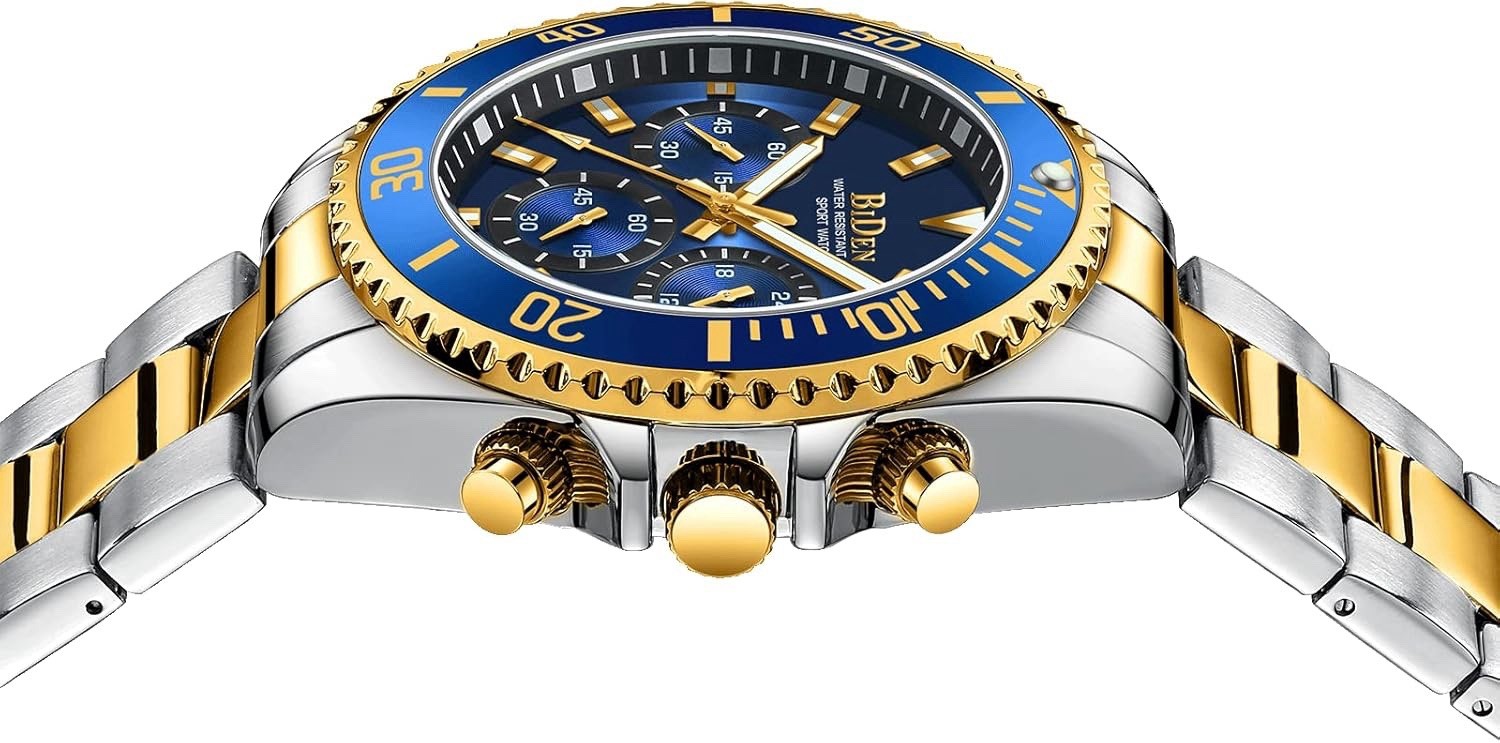 BIDEN Mens Watch Chronograph Stainless Steel Waterproof Date Quartz Gold / Blue