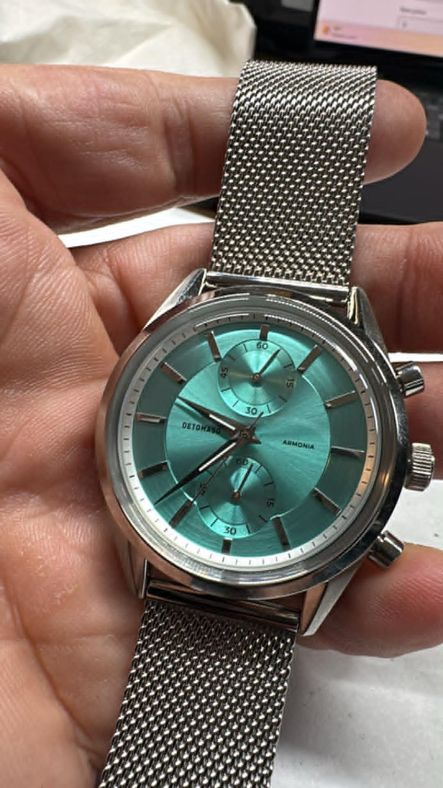 39mm NEW Mens SS Detomaso Armonia Chrono watch D12-14 Mesh Teal Met. dial A40