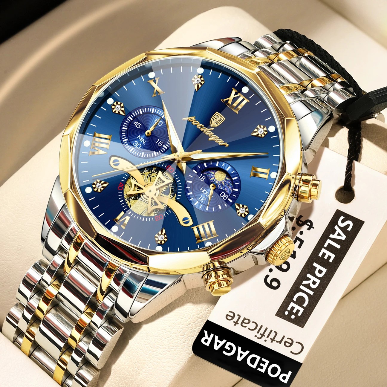 POEDAGAR Mens Quartz Watch Stainless Steel Waterproof Luminous Chronograph