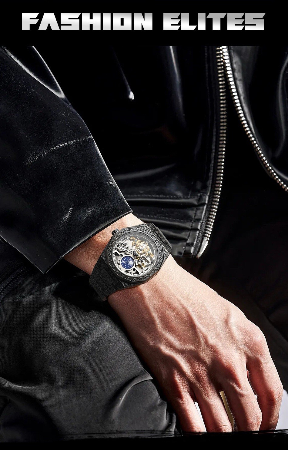 Forsining Skeleton Carved Tourbillon Mechanical Moon Dial Mens Watch waterproof