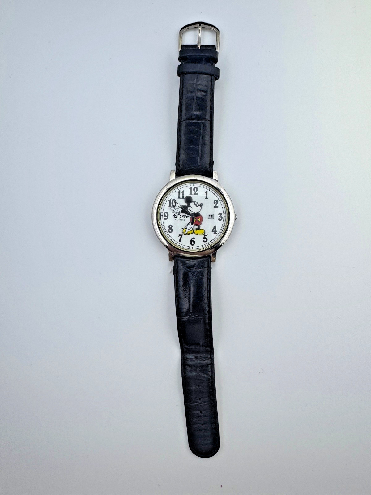 Disney Mickey Mouse Watch Black Leather Band Micky’s Arms Watch Hands