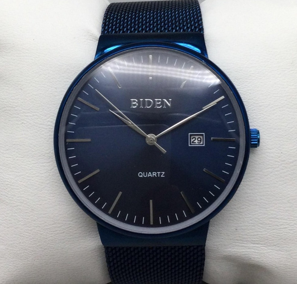 BIDEN Watch Mens 40mm Blue Dial Mesh Date Analog Adjustable Band New Battery
