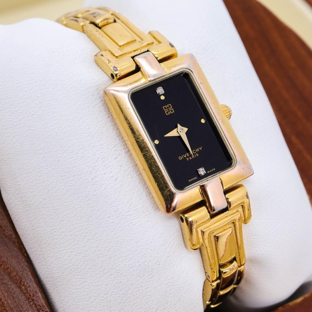 Givenchy Square Gold Watch 2 Diamonds Black Dial Quartz wrist 15.8cm/6.2in