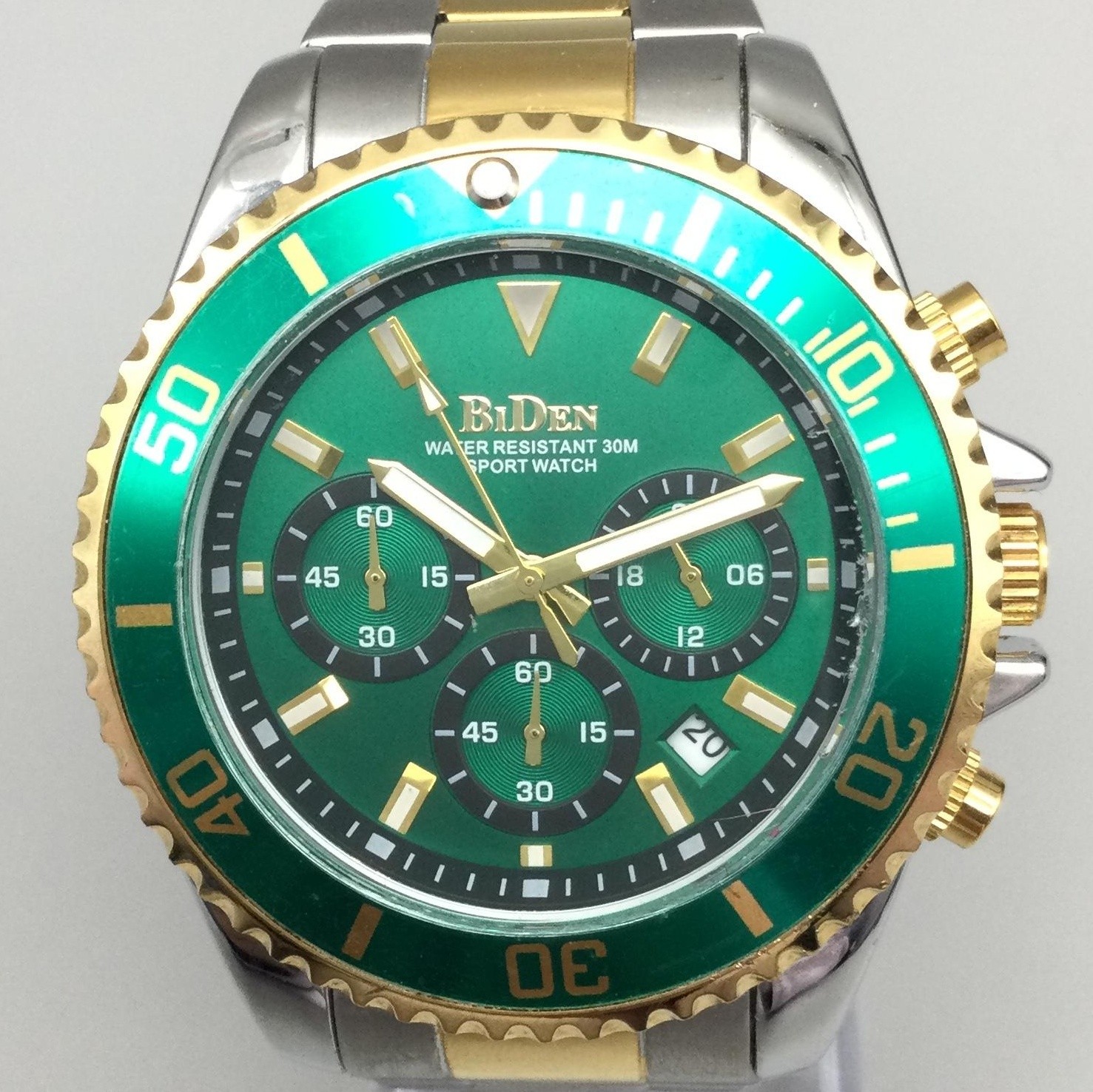 Biden Mens Watch 43mm Green Chronograph Date Two Tone Steel New Battery 6.5″