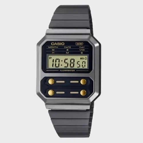Casio A100WEGG-1A2 Retro Digital Watch Black Gold Stainless Steel Unisex