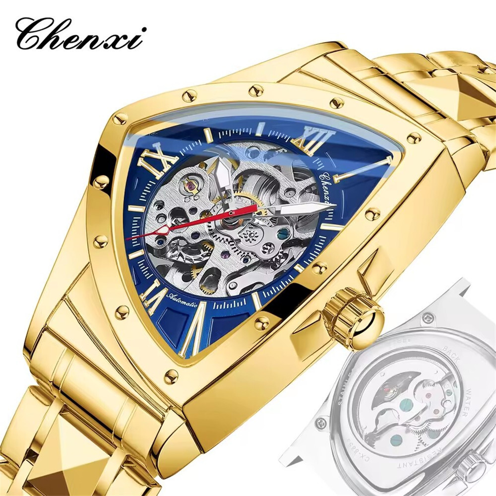 CHENXI Men Automatic Watch Triangle Leather Mechanical Watch for Male Wristwatch