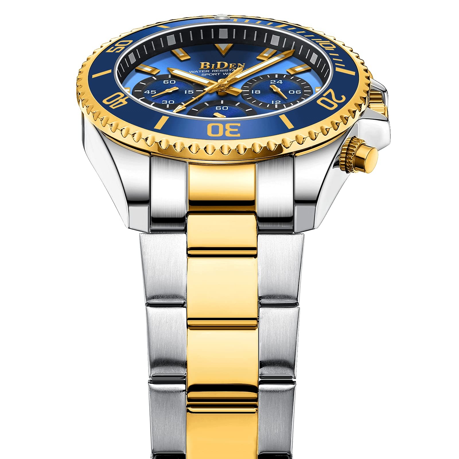 BIDEN Mens Watches Chronograph Gold Blue Stainless Steel Waterproof Date Anal…