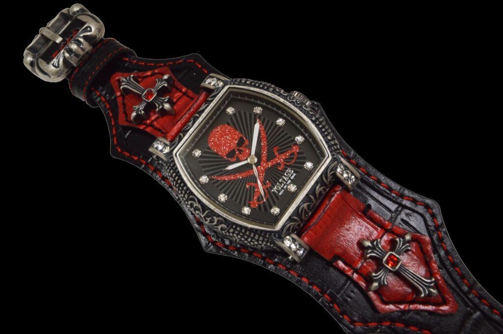 VOLTAGE Red Black Silver Skull Cross Concho Cowhide Leather Belt Quartz Watch VO