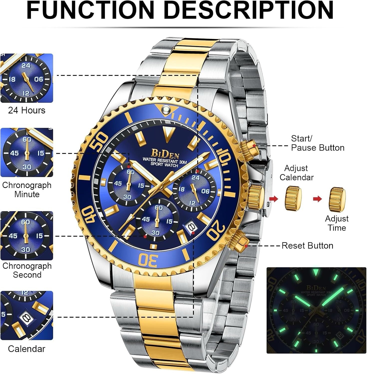 BIDEN Mens Watch Chronograph Stainless Steel Waterproof Date Quartz Gold / Blue