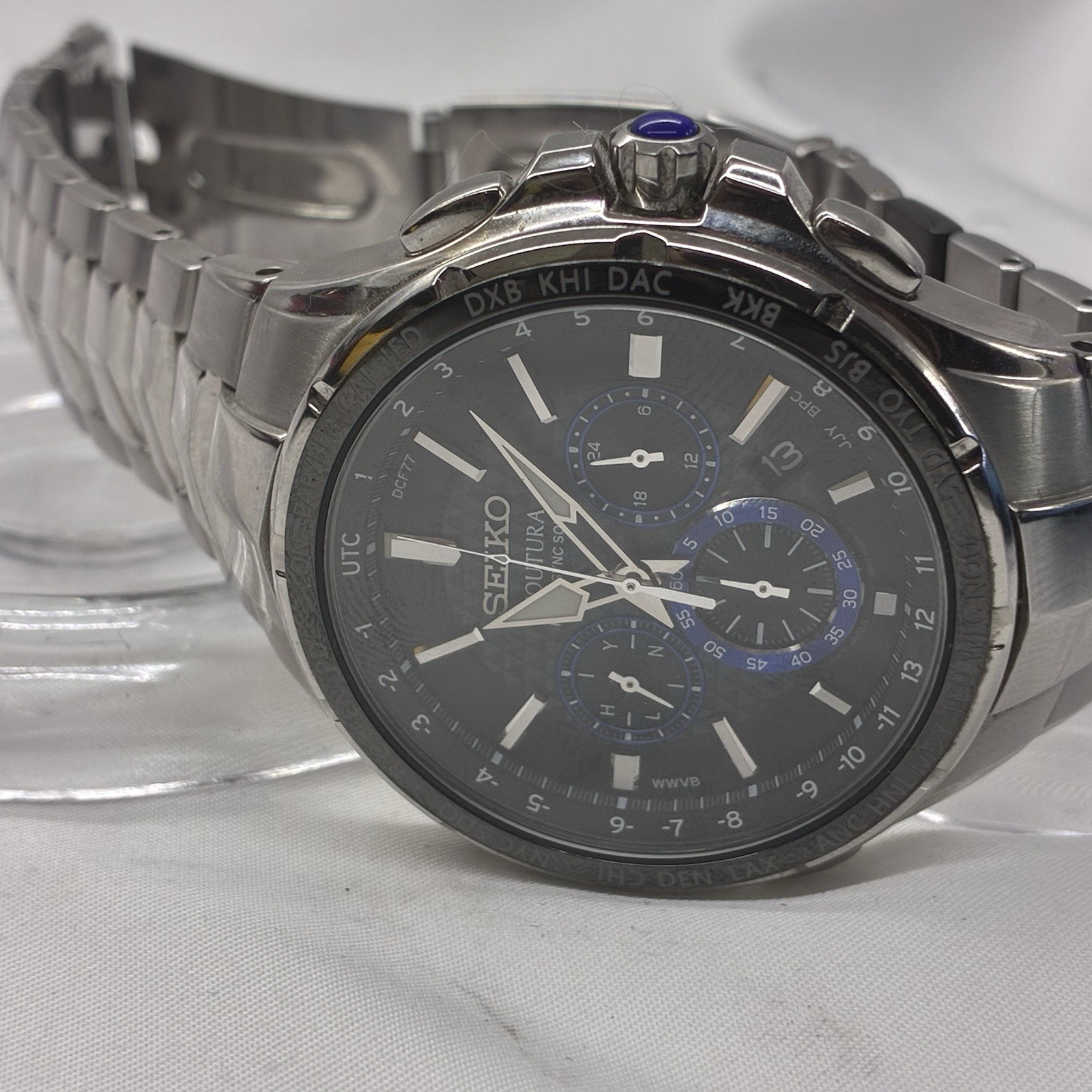 Seiko Coutura Quartz Multi-Dial Date SS Bracelet Silver Case Black/Blue Dial