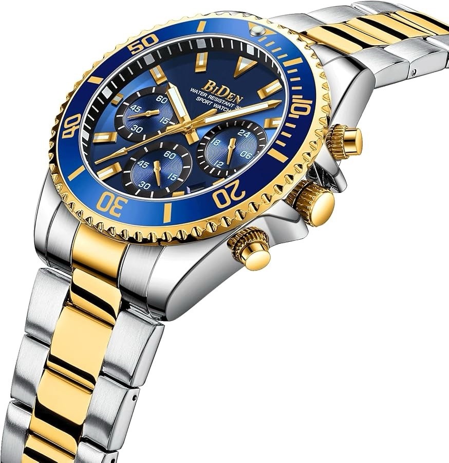 BIDEN Mens Watch Chronograph Stainless Steel Waterproof Date Quartz Gold / Blue