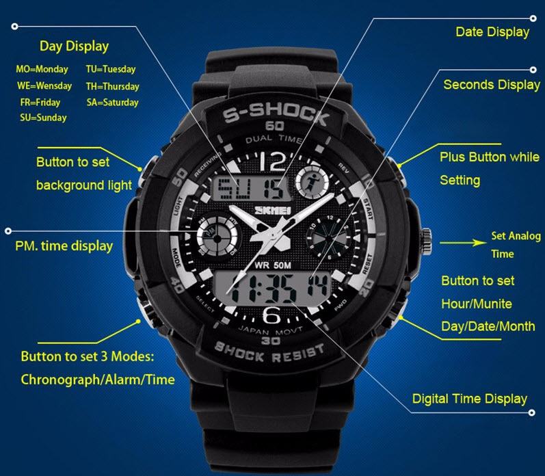 SKMEI Men Adult Teen Digital Analog Waterproof Sport Wristwatch Dual Time New