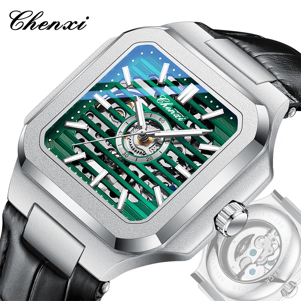CHENXI Men Mechanical Wristwatch Square Hollow Automatic Watch Male Steel Watch
