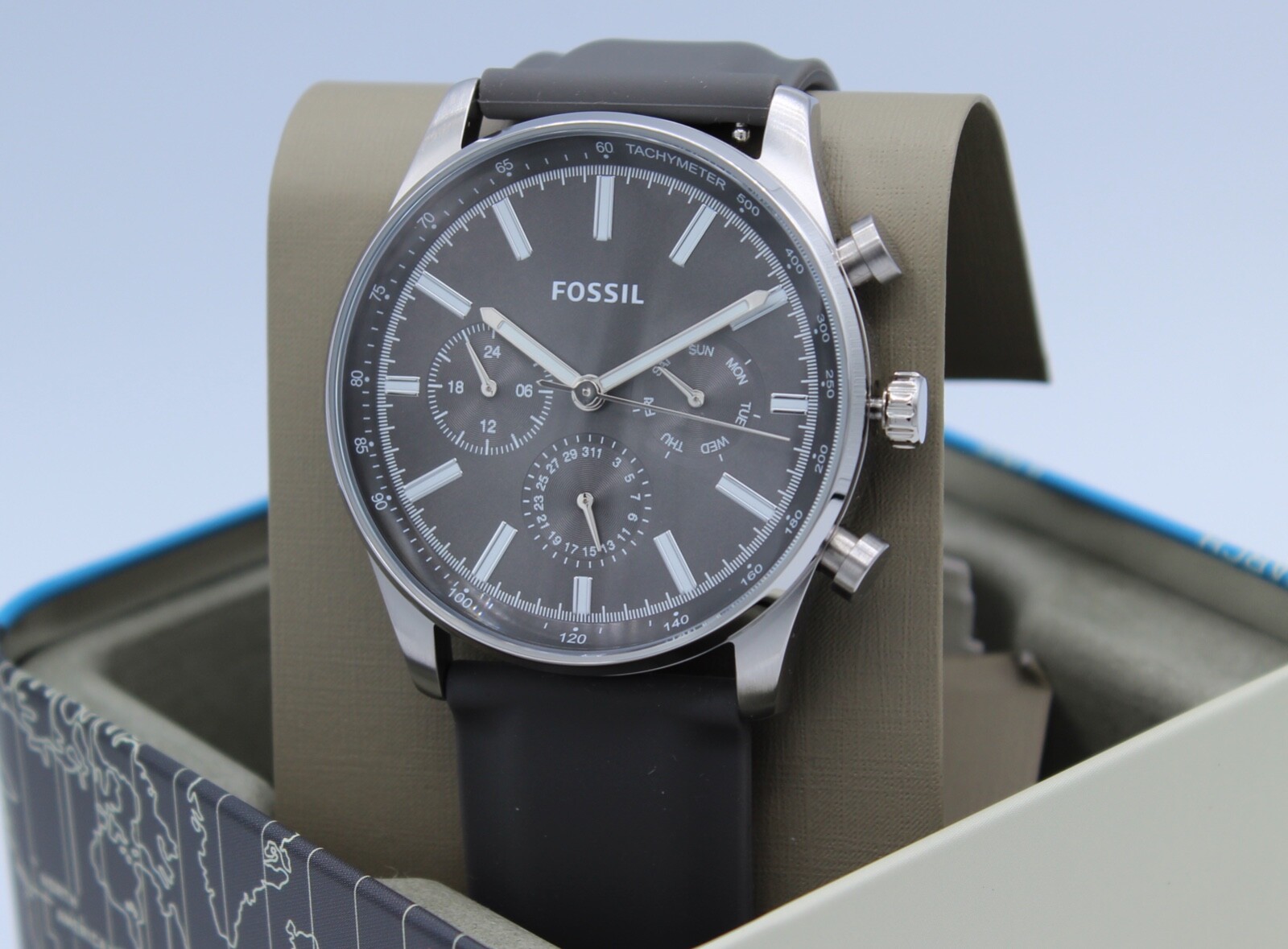 New Authentic Fossil Sullivan Chronograph Silver Gray Silicone BQ2747 Mens Watch