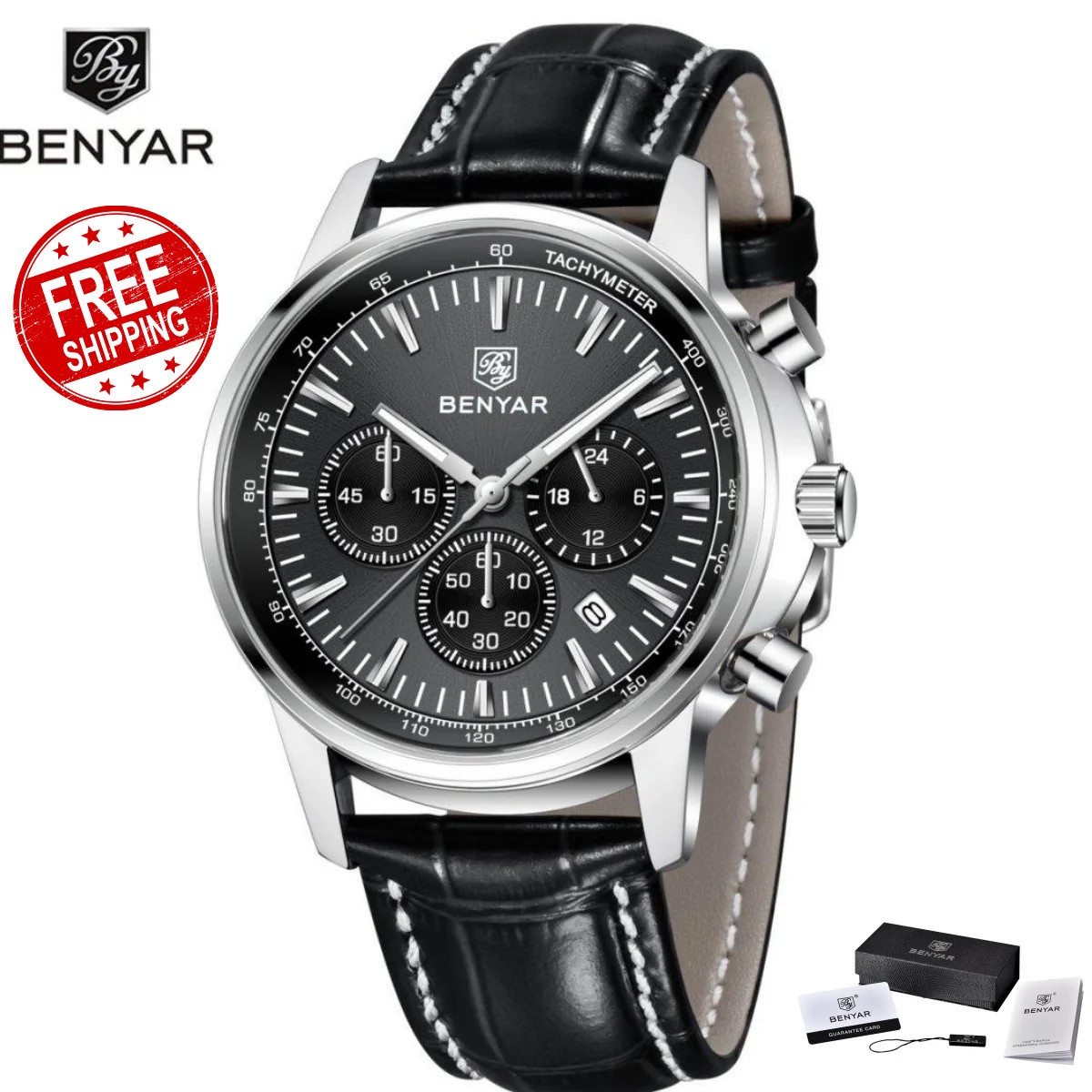 BENYAR Men’s Quartz Chronograph Watch Leather Waterproof Luminous Date