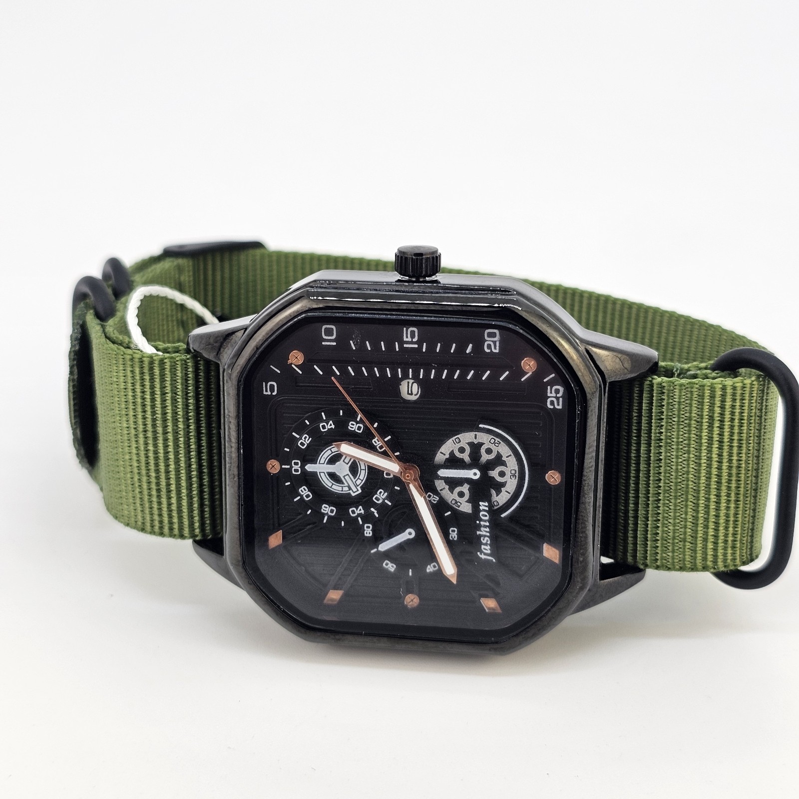 Men’s Watch 42MM Black Dial Black Case Date Army Green Canvas Band New Battery