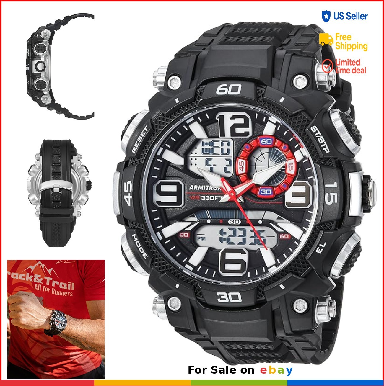 Analog Digital Chronograph Watch 53mm Resin Strap 100m Water Resistant Alarm