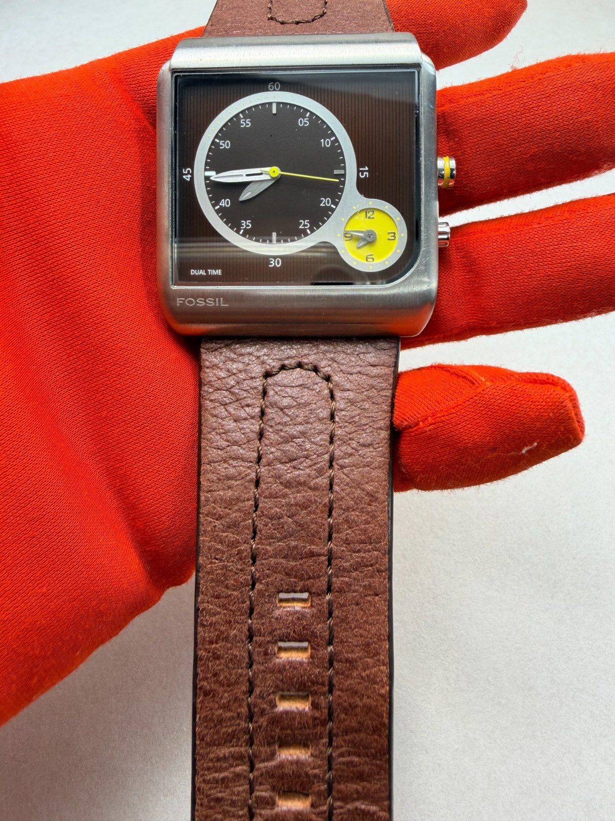 Fossil Dual Time Square Brown Leather Watch Modern Retro Design Working