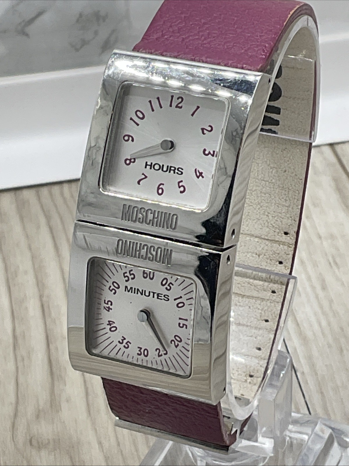 MOSCHINO Hours & Minutes Double Faced Watch. Incredible Design. Steel & Leather.