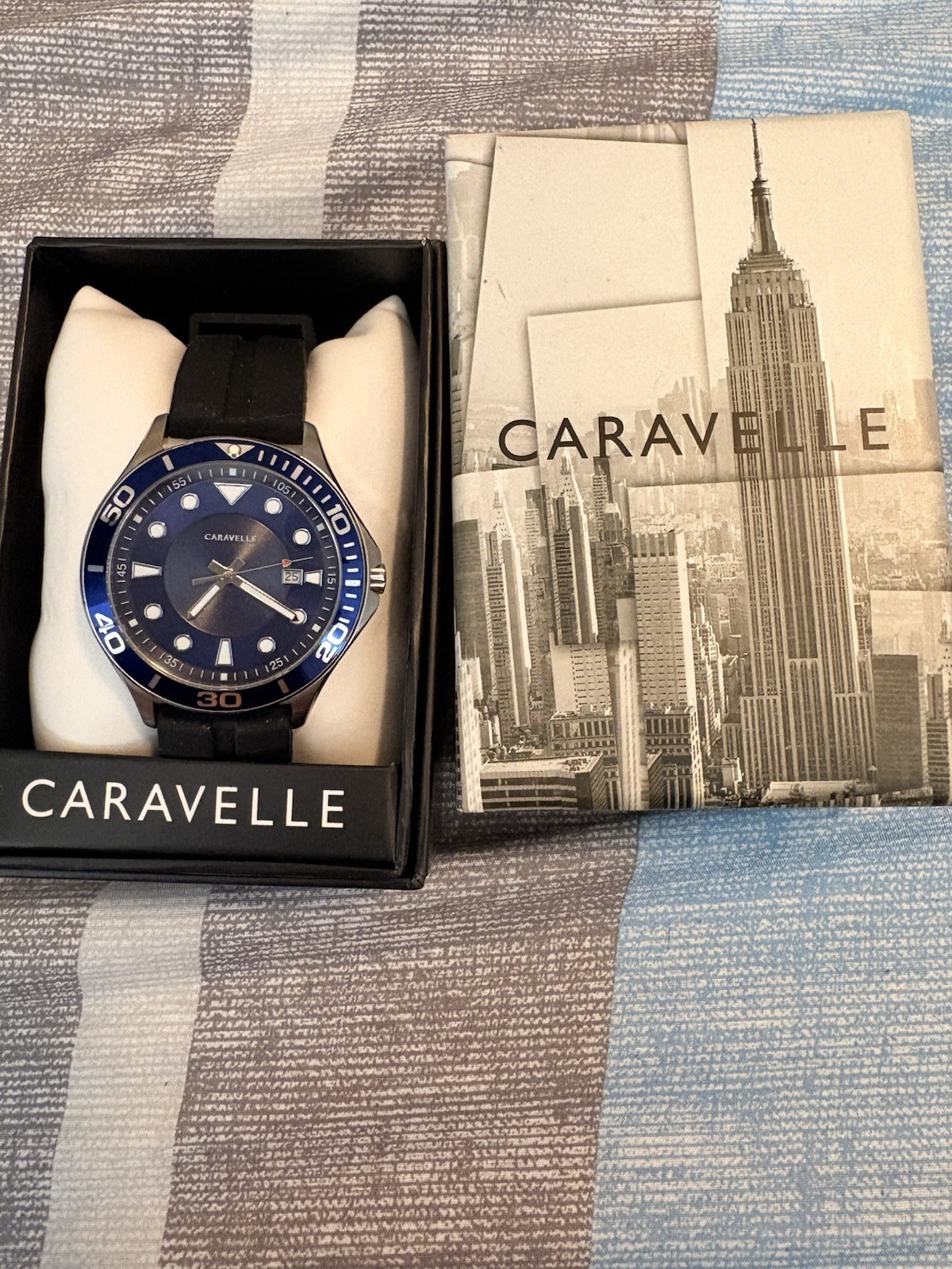 Brand New Men’s Bulova Caravelle Blue Dial, Black Band, 43B155 – No Batery F Shi