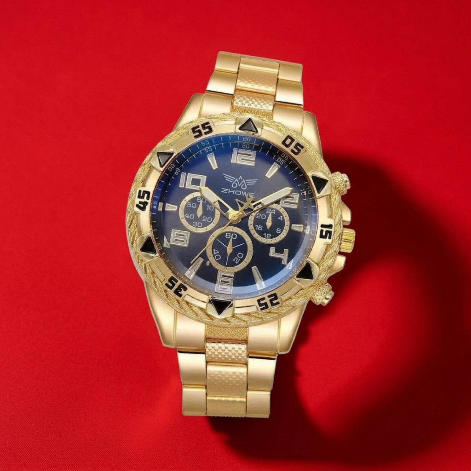 Men’s Luxury Sport Watch Quartz Movement Gold Plated Blue Dial Wristwatch Zhowe