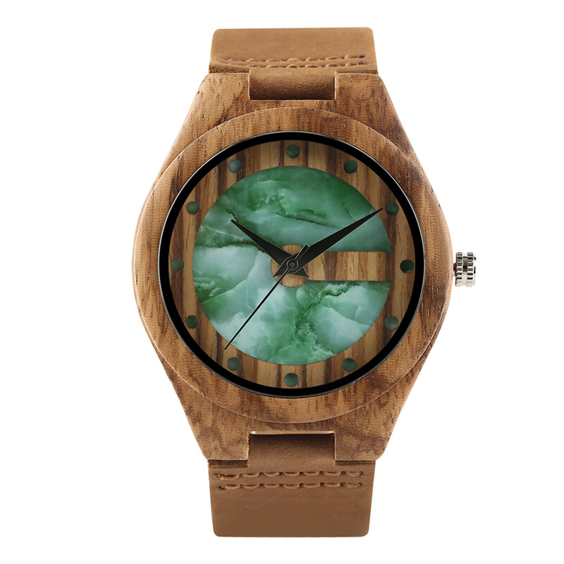 Men’s Marble/Jade Green Dots Display Quartz Wood Watches Genuine Leather Watch