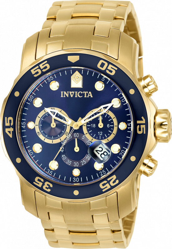 Invicta Men’s 48mm Pro Diver SCUBA Chronograph Blue Dial 18K Gold Plated SS Watc