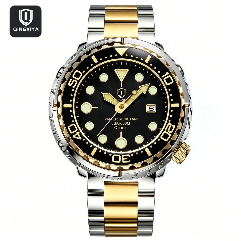 QINGXIYA —Diver-style “Tuna Can” watch — Stainless steel — Quartz —