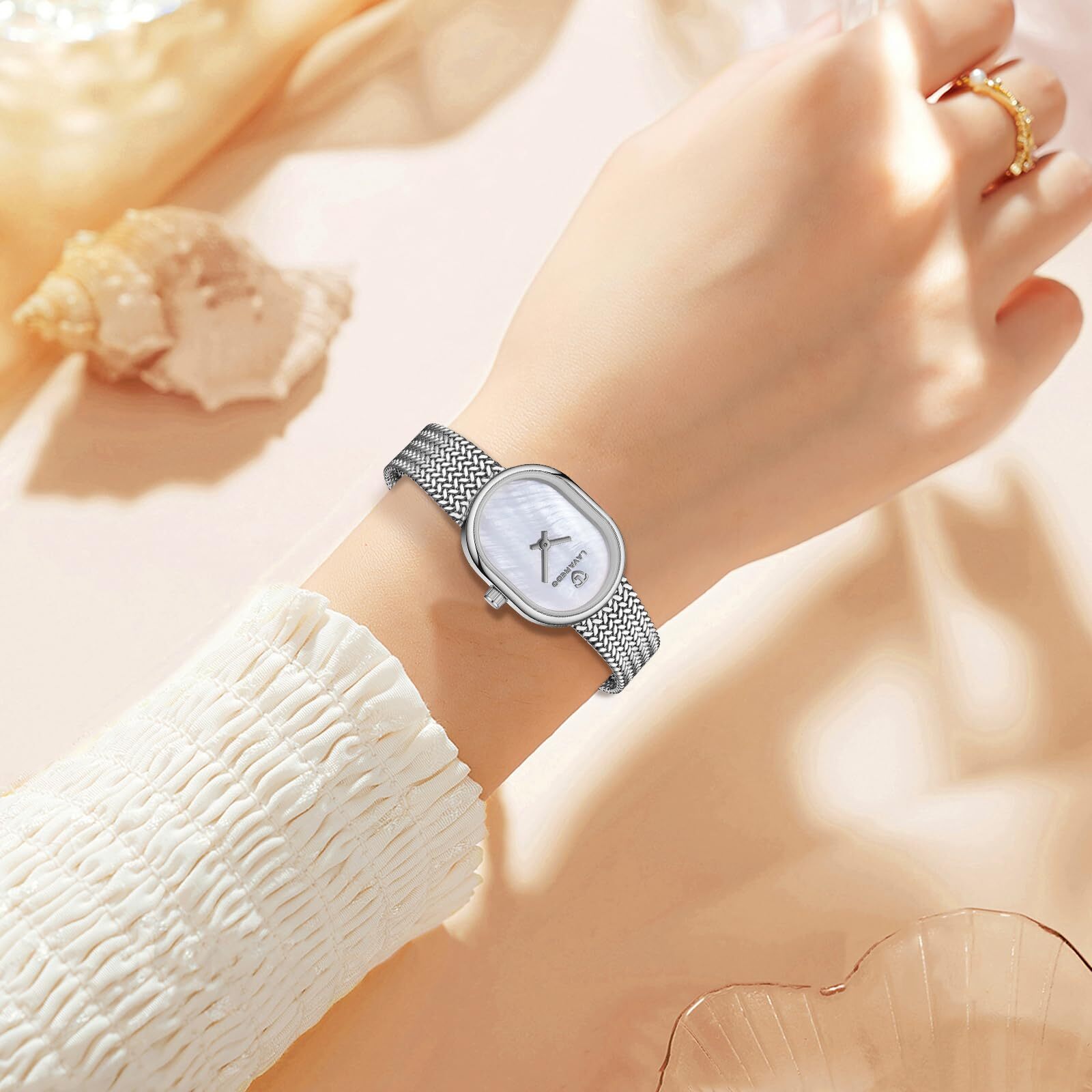 VTAIGE Dainty Gold Watches for Women with Mesh Steel Bracelet Mother of Pearl…