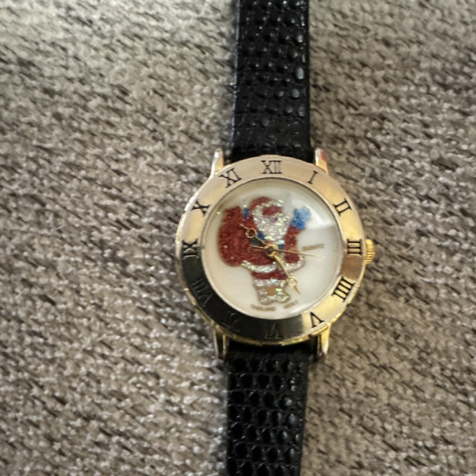 Santa Claus Holiday Gold Case Roman Numerals Wristwatch Black Leather Band