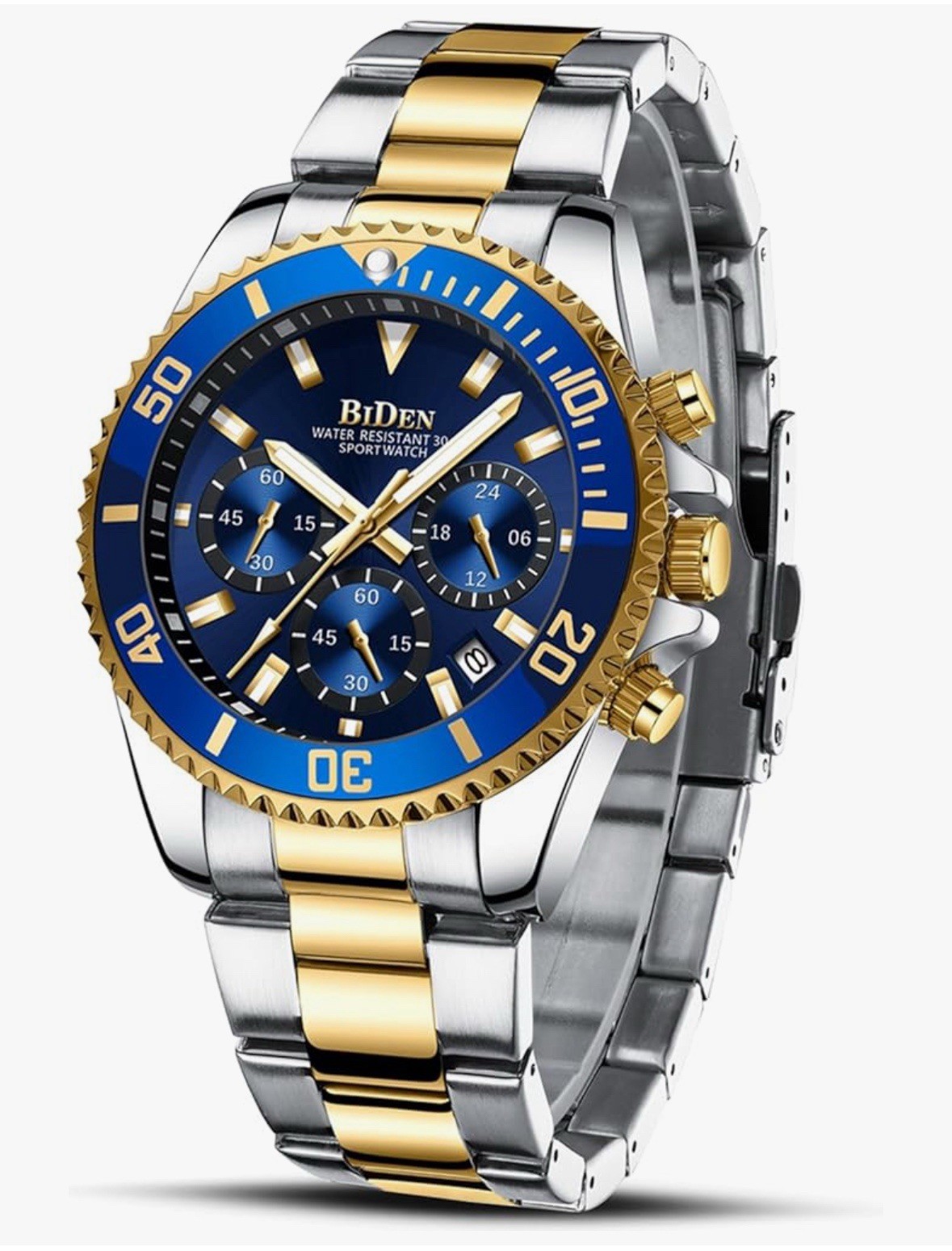 Biden Men’s Blue Dial Two-Tone Stainless Bracelet Quartz Chronograph Date 30m