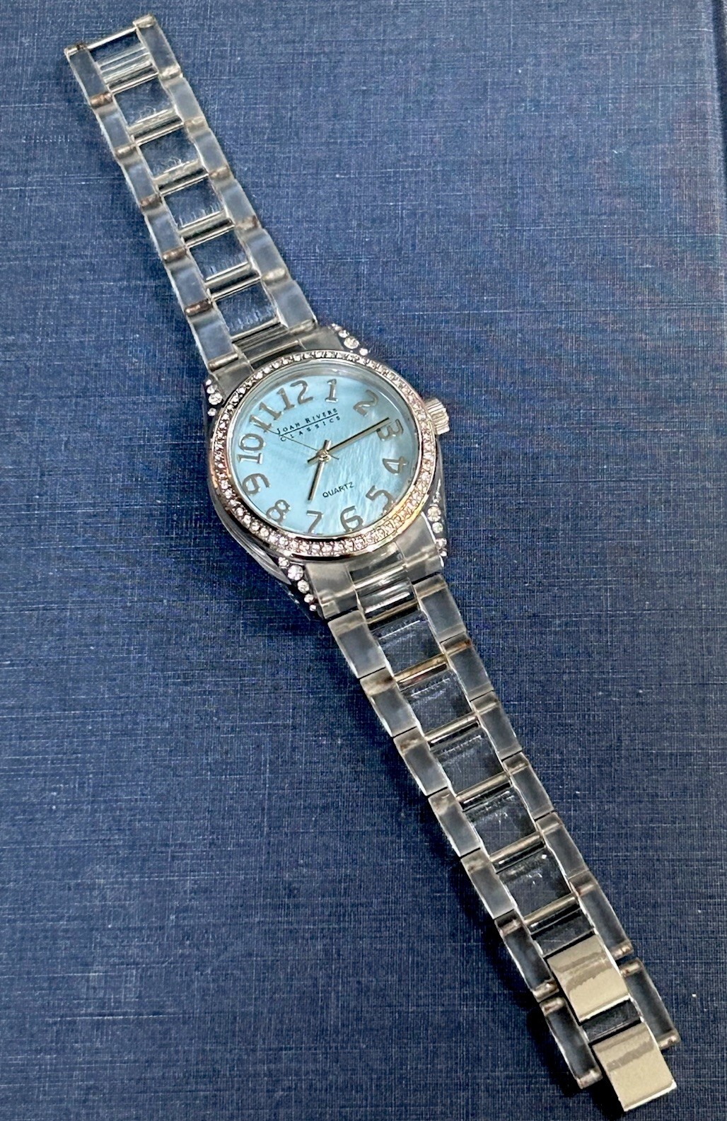 JOAN RIVERS CLASSICS Ladies Watch Rhinestones Blue Pearlescent Face Acrylic Band