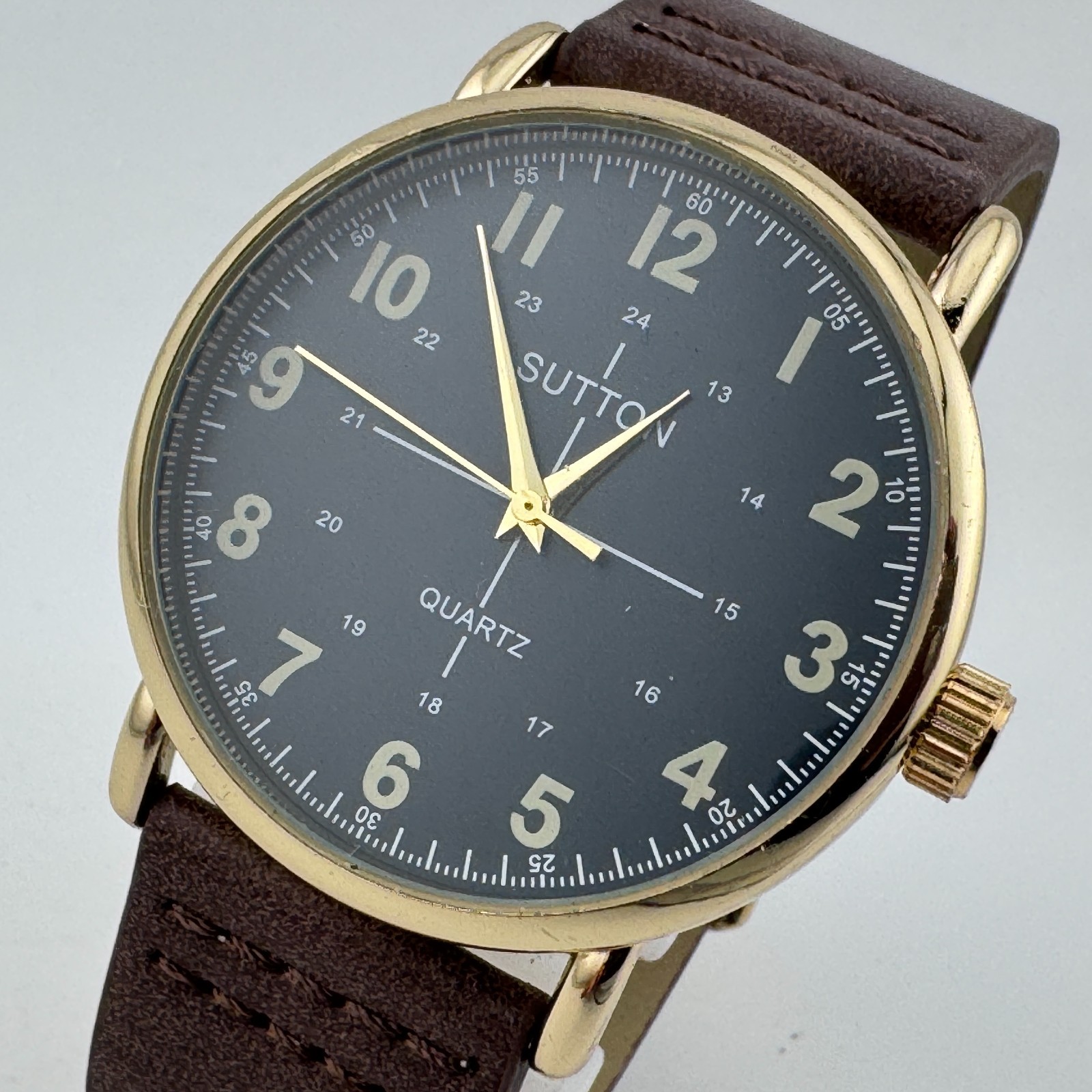 Sutton Quartz Watch Men 40mm Gold Tone Black Military Dial Analog New Battery