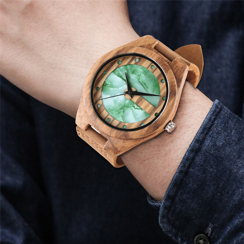 Men’s Marble/Jade Green Dots Display Quartz Wood Watches Genuine Leather Watch