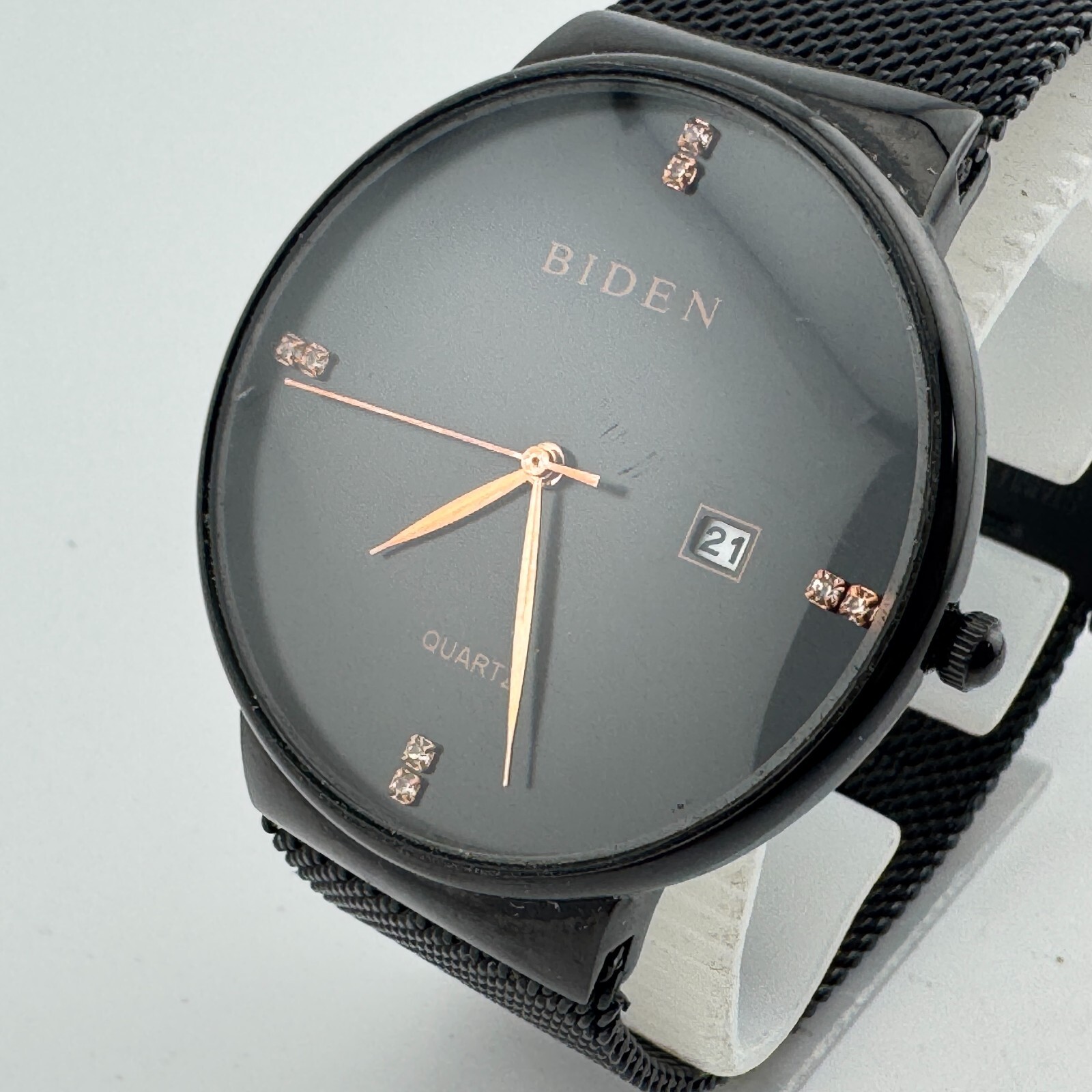 Biden Quartz Watch Men All Black Diamonds Date Mesh Band Analog New Battery