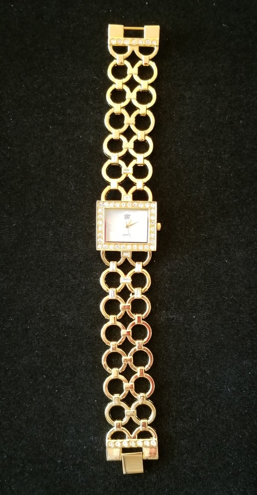EJ Gold Tone Watch MOP Dial Crystal Bezel Circles Band 7.5″ Size New Battery