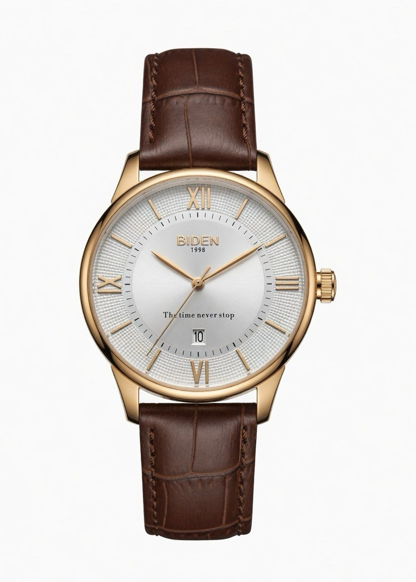 BIDEN Men’s Gold Case Brown Leather Strap Analog Dress Watch Silver Dial