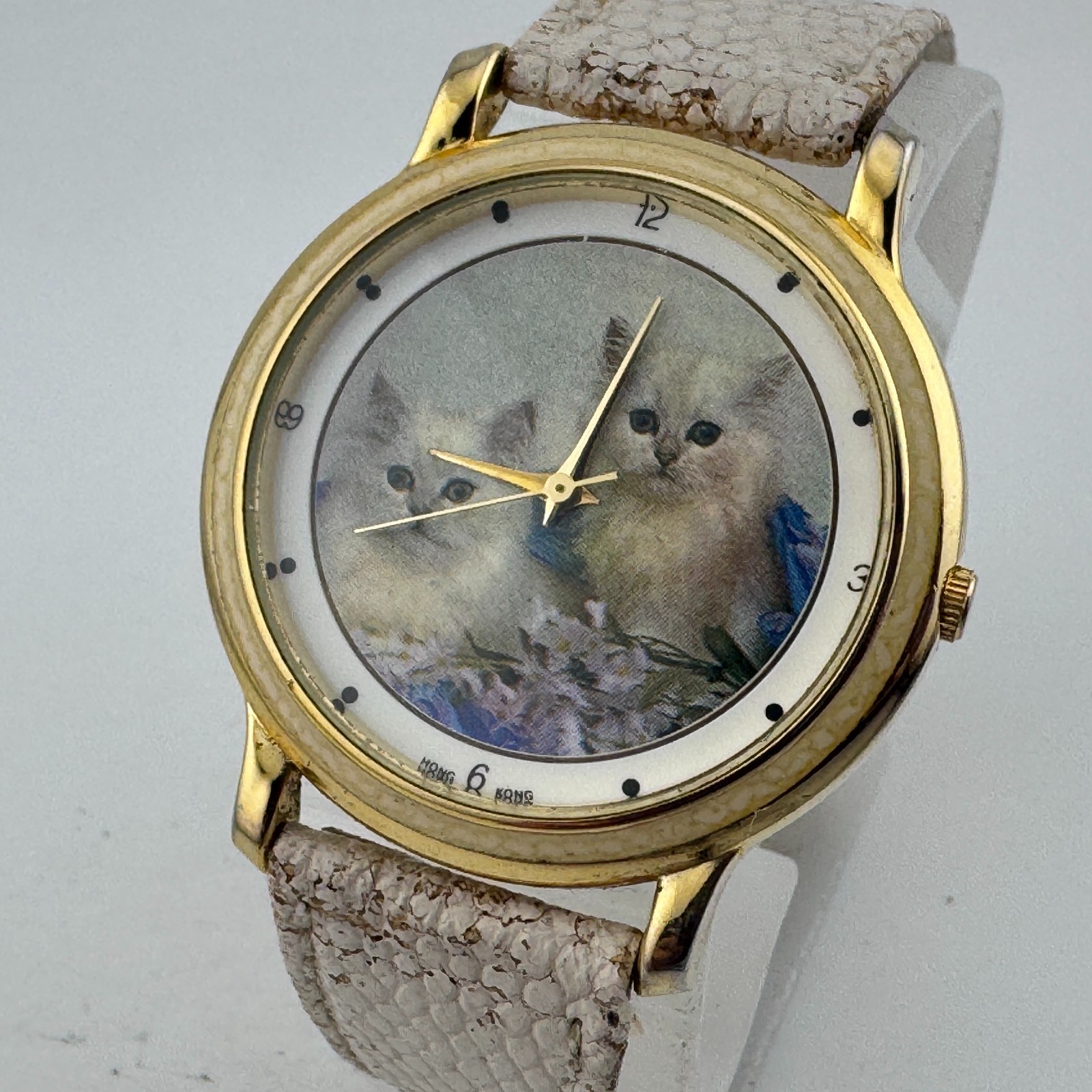 Vintage Hong Kong Quartz Watch Men Gold Tone Leather Cat Kitten Dial New Battery