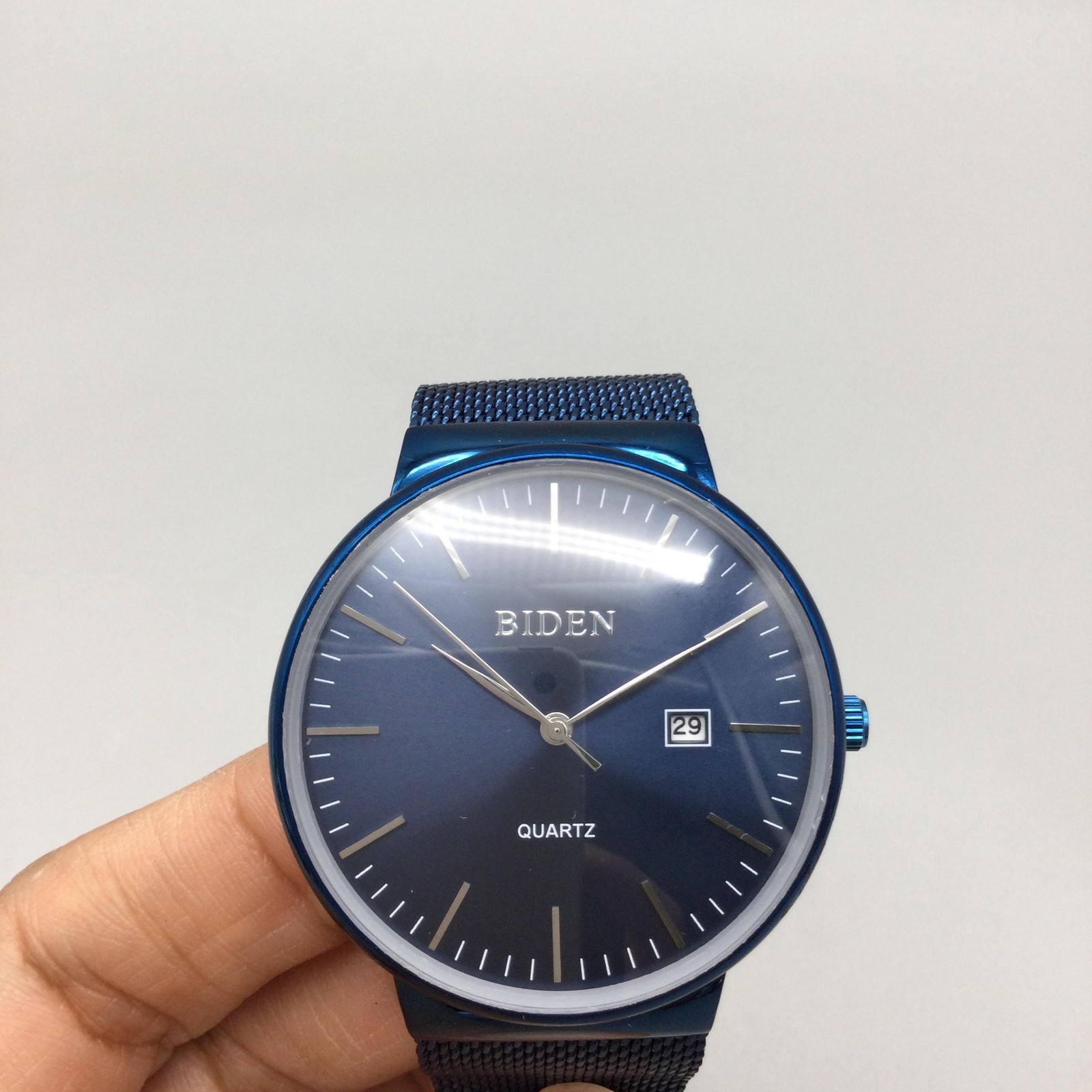 BIDEN Watch Mens 40mm Blue Dial Mesh Date Analog Adjustable Band New Battery