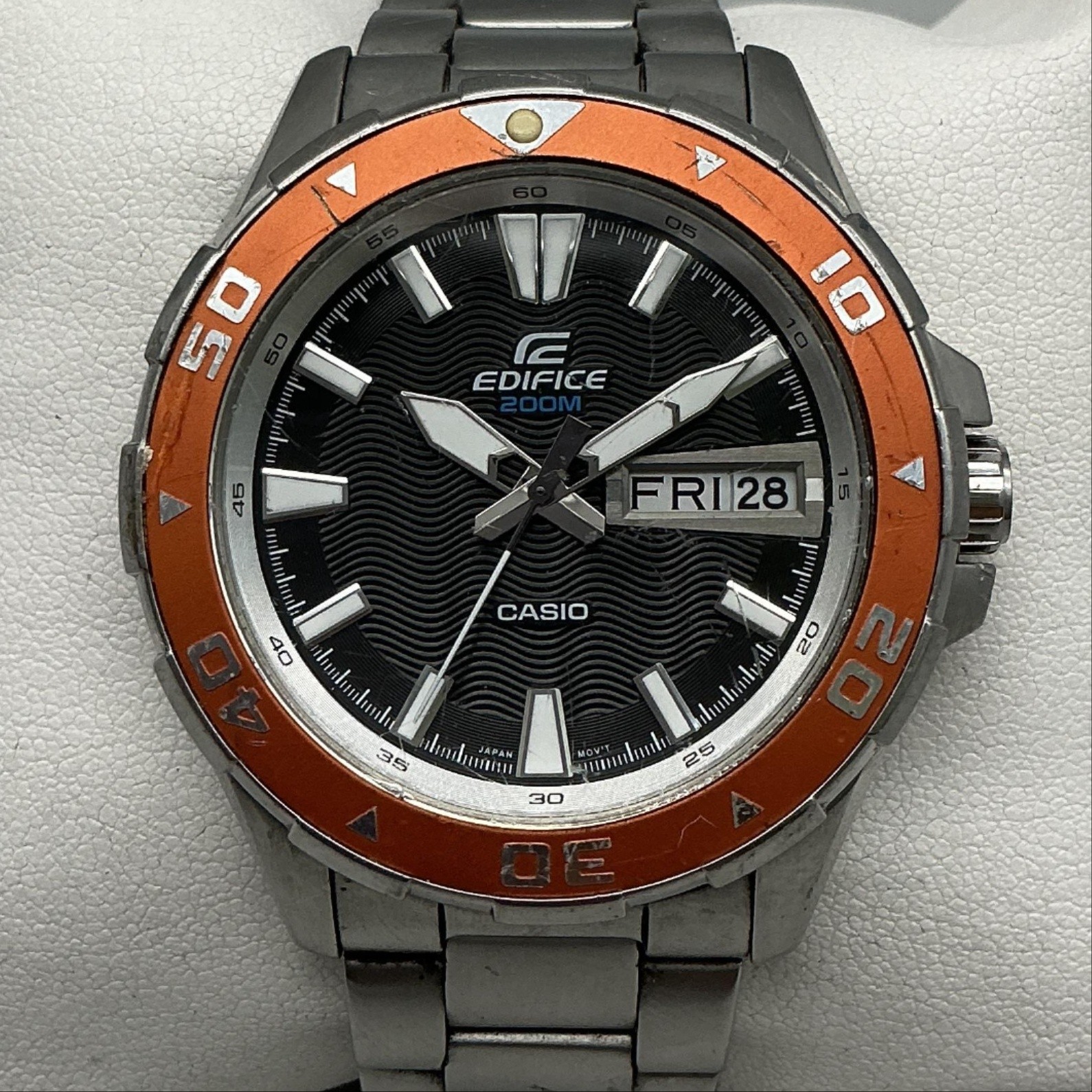 Casio Edifice EFM-100 Mens Watch 44mm Black Dial Orange Bezel Stainless 7.75″