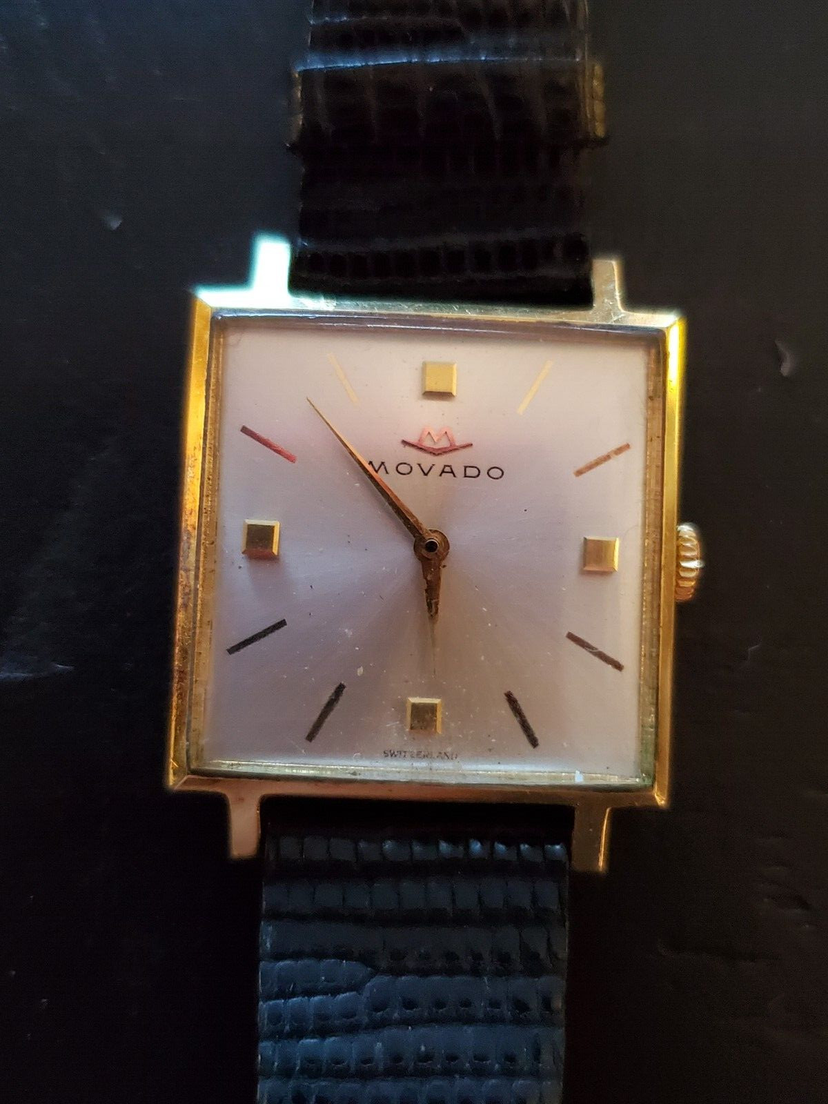 Vintage Swiss Movado Gold Plated Square Face Watch Made in Switzerland