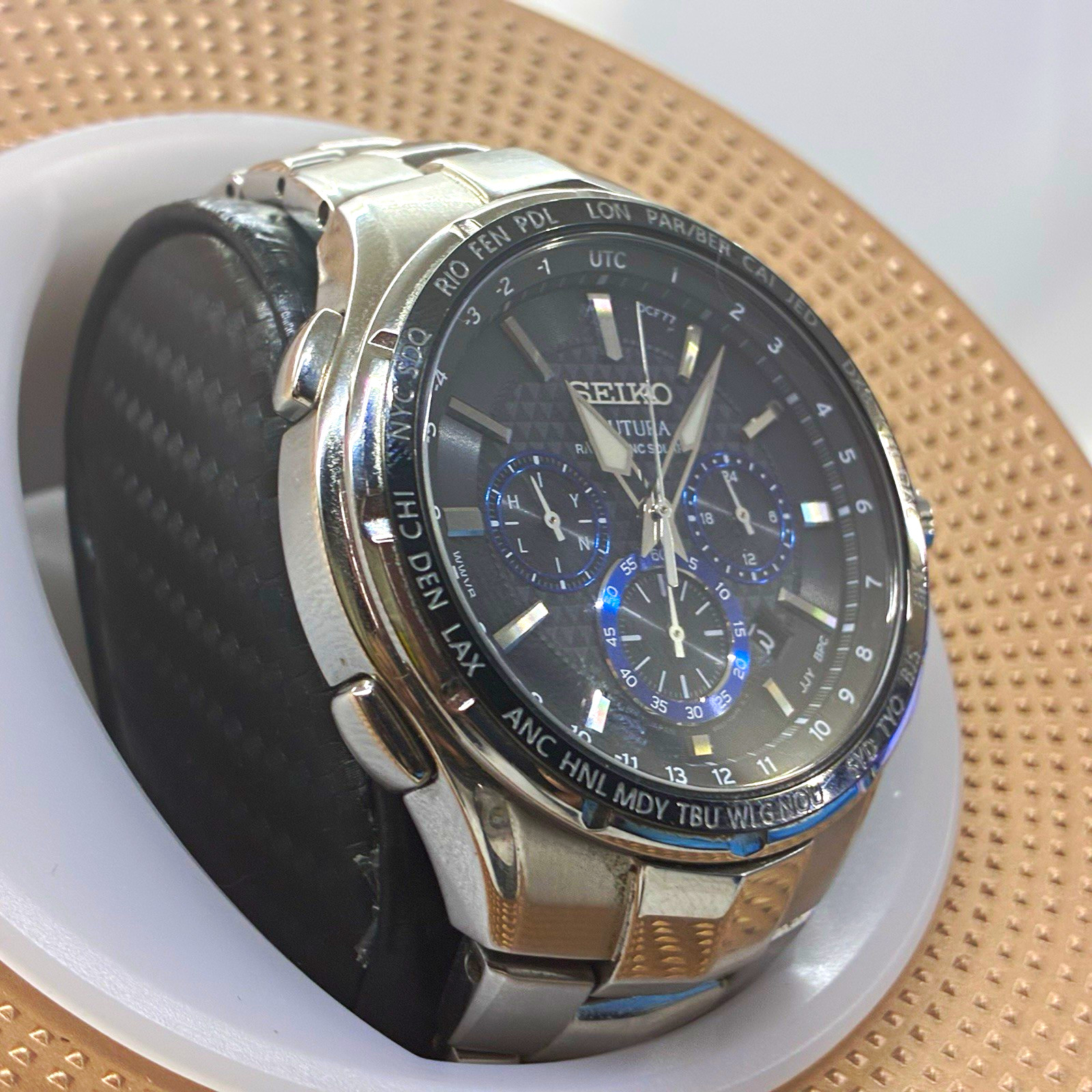 Seiko Coutura Quartz Multi-Dial Date SS Bracelet Silver Case Black/Blue Dial