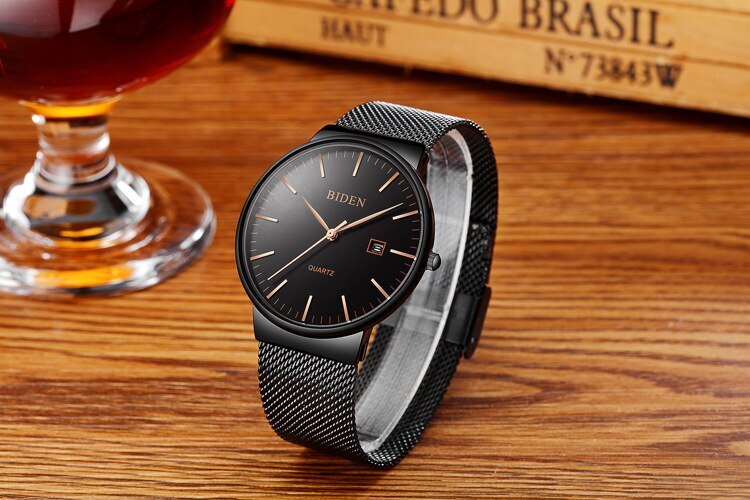 Biden Mens Quartz Watch Waterproof Calendar Wristwatch Stainless Steel Mesh Band