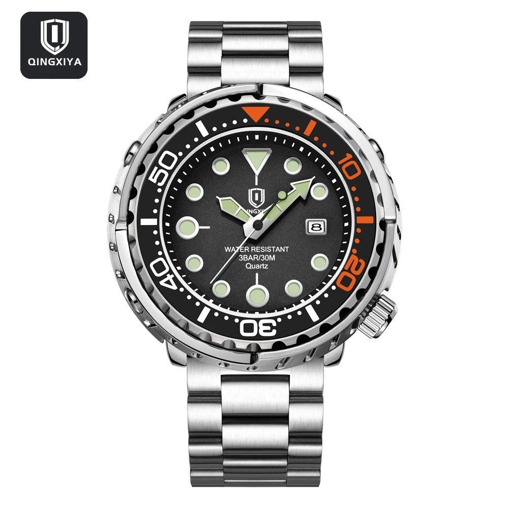 44MM QINGXIYA Tuna Quartz Mens Watch Stainless Steel 30M Waterproof Luminous NEW