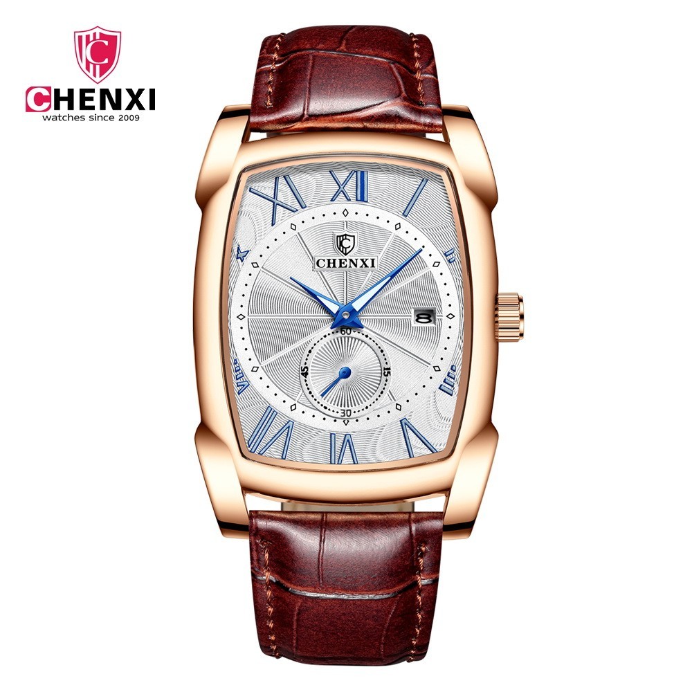 CHENXI Men’s Rectangle Leather Luminous Business Calendar Rose Quartz Wristwatch