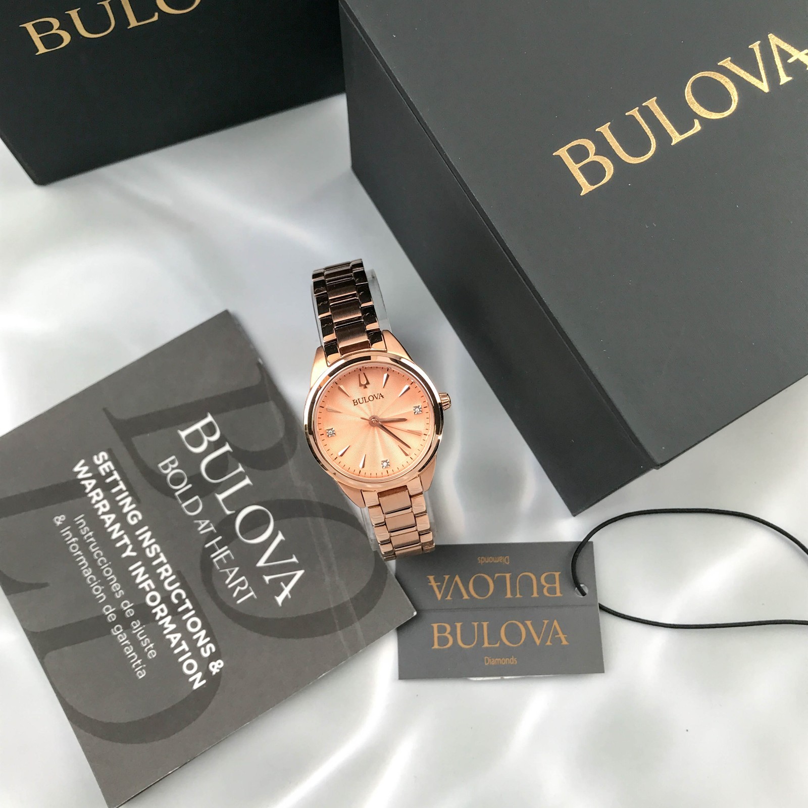 Bulova Classic 97P151 Sutton 11 Diamonds Red Gold Dial Women’s Quartz Watch 28mm