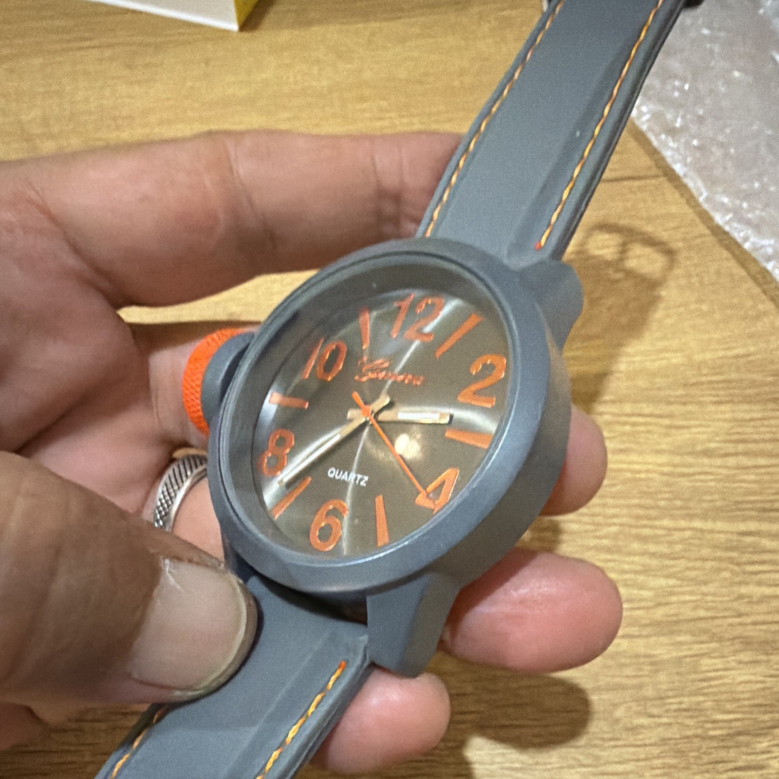 Geneva Quartz Analog Oversize Watch Gray Dial SS Case Gray Rubber Strap Orange