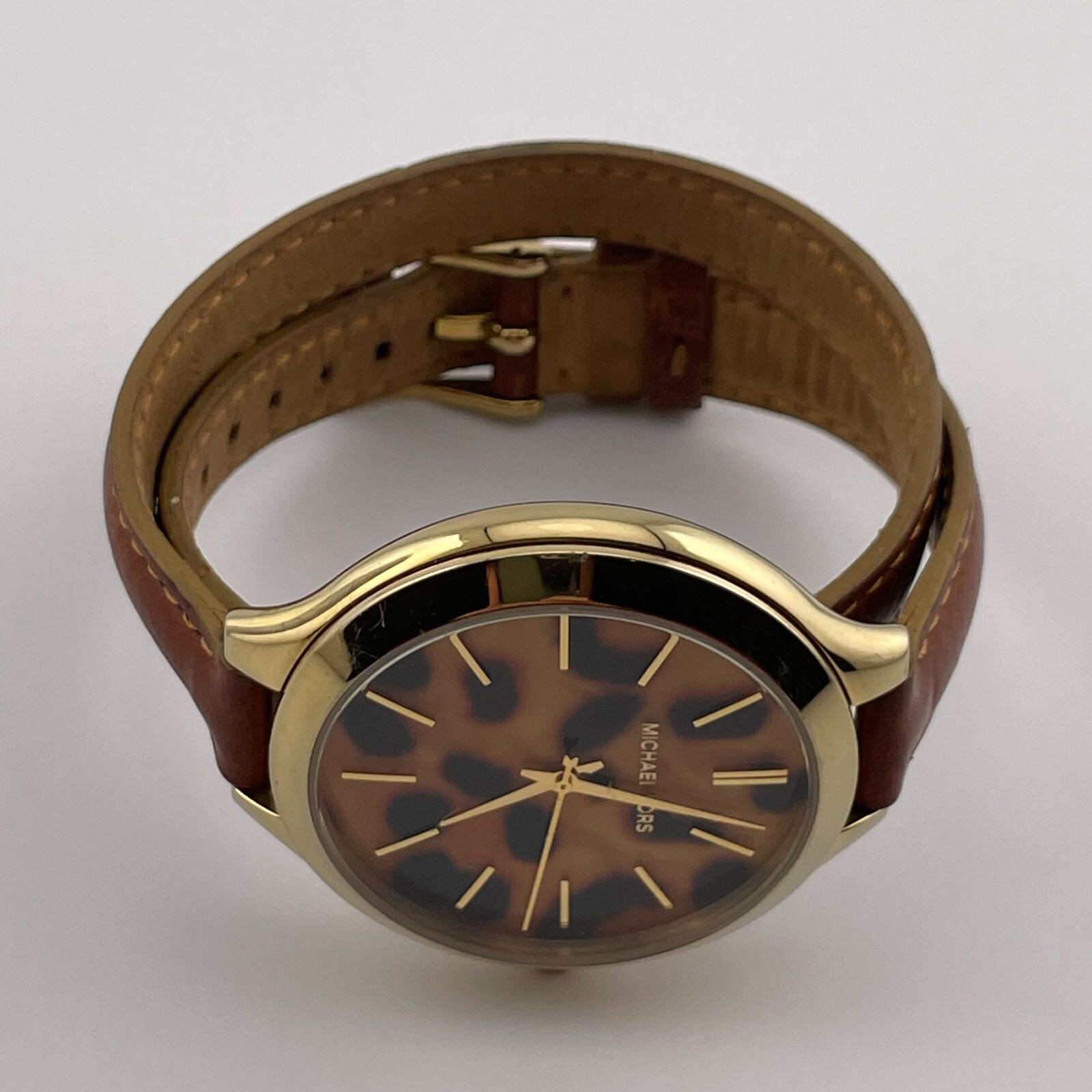 Michael Kors Watch MK-2327 Womens 41mm Case Leopard Dial Brown Wrap Around Strap